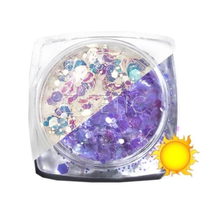 Komilfo блесточки фотохромные MIX-004, микс размеров, (молочный/фиолетовый фотохром), 2,5 г