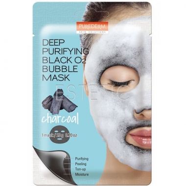 Purederm Deep Purifying Black O2 Bubble Mask Charcoal - Маска киснева тканинна з деревинним вугіллям, 20 г