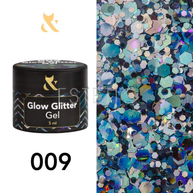 Гель-лак F.O.X Glow Glitter Gel 009 (фиолетово-синий голографик, блестки), 5 мл