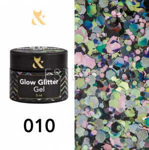 Гель-лак F.O.X Glow Glitter Gel 010 (зелено-розовый голографик, блестки), 5 мл