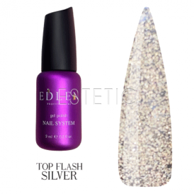 EDLEN Top Flash Silver - Верхнє покриття для гель лаку з блискітками без липкого шару, 9 мл
