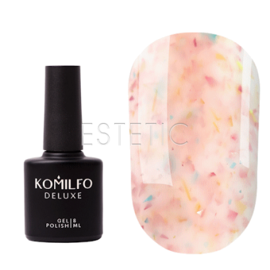База Komilfo Potal Base P020 молочно-персикова з рожевою, блакитною та золотою поталлю, 8 мл