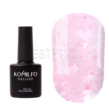 База Komilfo Glassy Base GB006 напівпрозора рожева з білими, рожевими пластівцями поталі, 8 мл