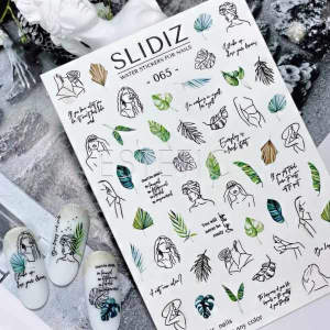 Слайдеры для ногтей SLIDIZ 065 на водной основе, надписи, силуэт, листья, надписи, лица