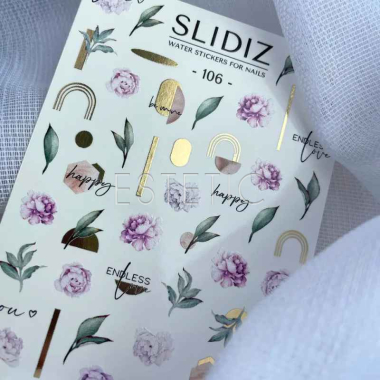 Слайдеры для ногтей SLIDIZ 106 на водной основе фольгированне, золото, цветы, листья
