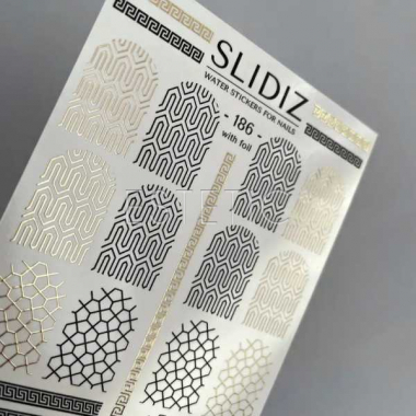 Cлайдеры для ногтей SLIDIZ 186 на водной основе фольгированные, принт орнамент, золото
