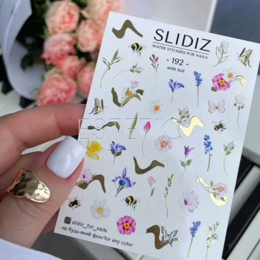 Cлайдеры для ногтей SLIDIZ 192 на водной основе фольгированные, весна, цветы