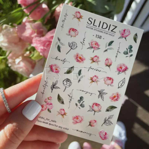 Слайдеры для ногтей SLIDIZ 158 на водной основе, пион, надписи, цветы
