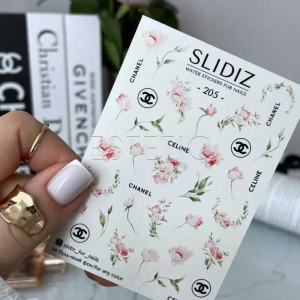 Слайдеры для ногтей SLIDIZ 205 на водной основе, цветы пиона, бренды