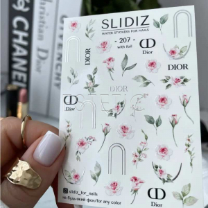 Слайдеры для ногтей SLIDIZ 207 на водной основе фольгированное серебро, цветы розы, бренды