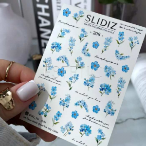 Слайдеры для ногтей SLIDIZ 208 на водной основе, цветки незабудки, надписи