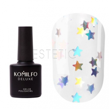 Топ Komilfo No Wipe Star Nails Holo Top с голографическими звездочками с УФ фильтрами, 8 мл