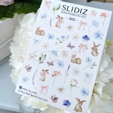 Cлайдеры для ногтей SLIDIZ 302 на водной основе, цветы, зайчики, бантики