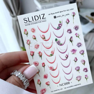 Cлайдеры для ногтей SLIDIZ NC-008 без лишней пленки, френч, розы