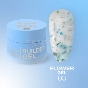 Гель для ногтей Lunamoon Flower Gel №3 полупрозрачный молочный с зелеными и бирюзовыми сухоцветами, 15 мл