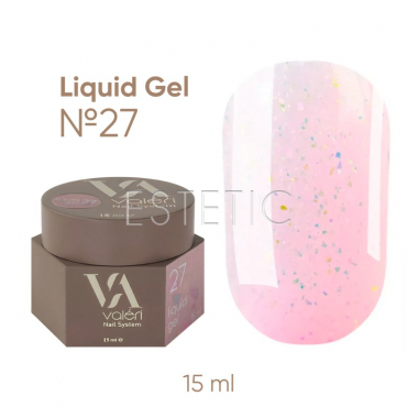 Жидкий гель для ногтей Valeri Liquid Gel №27 пастельный світло-розовый з розовымими блистками хамелеон, 15 мл